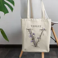 Soft Violet Letter V Floral Monogram Custom Name Tote Bag