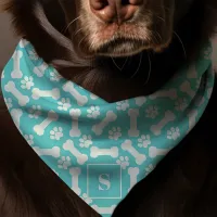 Dog Bones And Paw Prints Teal Monogram Dog Bandana