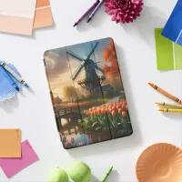 Windmill in Dutch Countryside by River with Tulips iPad Air Cover