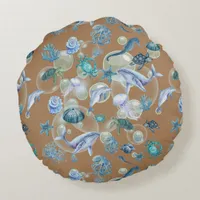 Under the Sea Blue Watercolor on brown | Round Pillow