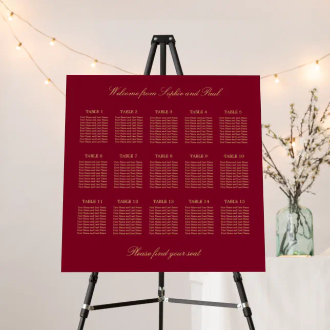 Burgundy Gold 15 Table Seating Chart Foam Board