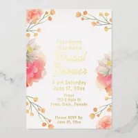 Tropical Peach Flowers Gold Foil Bridal Shower Foil Invitation