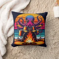 Octopus Playing Drums By The Campfire At Sunset Throw Pillow