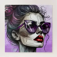 Pretty Woman in Purple Sunglasses and Red Lipstick Jigsaw Puzzle