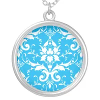 Damask Victorian Vintage White & Sky Blue Silver Plated Necklace