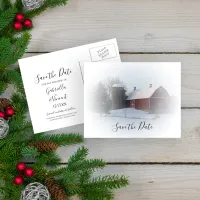 Snowy Barn and Silo Winter Wedding Save the Date Announcement Postcard