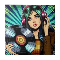 Cool Pop Art Comic Style Girl with Vinyl Album Ceramic Tile