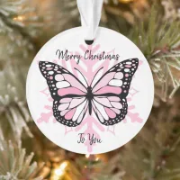 Pink Butterfly on a Snowflake Christmas Ornament