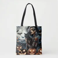 Tattooed Witch and Black Cat Full Moon Halloween Tote Bag