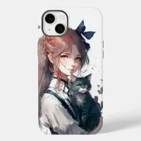 Anime Girl Holding Her Cat Watercolor Portrait Case-Mate iPhone Case