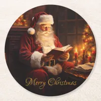 Vintage Santa Reading a Book Round Paper Coaster