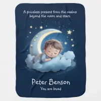 Cute Cartoon Baby Sleeping on Half Moon Cloud Blue Baby