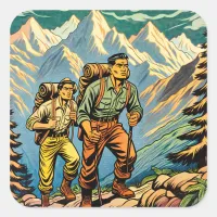 Backpacking Men Hiking Trail through Mountains Square Sticker