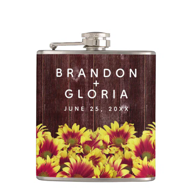 Rustic Autumn Sunflowers on Fence Wedding Flask