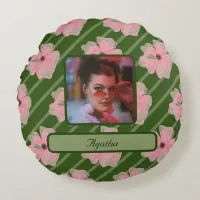 Pink Flowers And Stripes Personalized Round Pillow