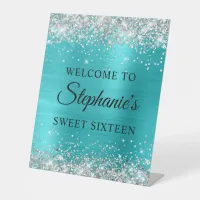 Silver Glitter Turquoise Blue Foil Sweet Sixteen Pedestal Sign