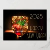 Golden bubbles and  fireworks - happy new year foil invitation