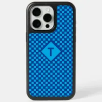 Trendy Custom Initial Shades of Blue Checkerboard iPhone 15 Pro Max Case