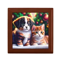 Cute puppy and cat under Christmas tree Gift Box