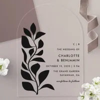 Modern Black Botanical Leaves Wedding Acrylic Invitations