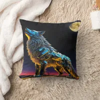 Metallic Wolf Howling Under a Full Moon Throw Pillow