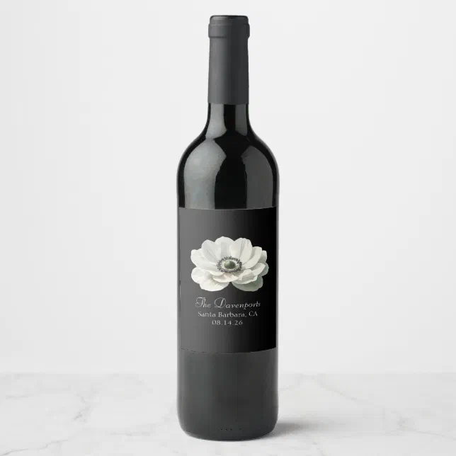 Elegant Anenome Flower Wedding Black & White Wine Label
