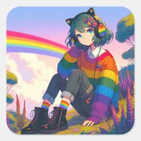 LGBTQIA+ Anime Girl Lesbian Pride  Square Sticker