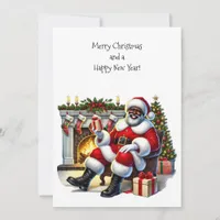 Black Santa with Fireplace Flat Card Personalize