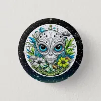 Extraterrestrial Alien in Flowers Starry Night Button