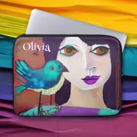 Abstract Girl & Bird Purple and Teal Personalized Laptop Sleeve