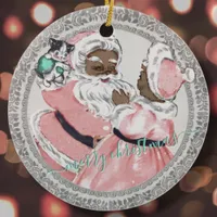 Vintage Pink Black Santa + Mrs Claus Victorian Ceramic Ornament