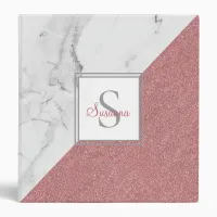 Girly Marble Blush Pink Glitter Monogram Elegant 3 Ring Binder