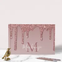 Rose Gold Sparkle Glam Glitter Drips Monogram Guest Book