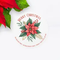 Poinsettia Greenery Red Berries Christmas Address Classic Round Sticker