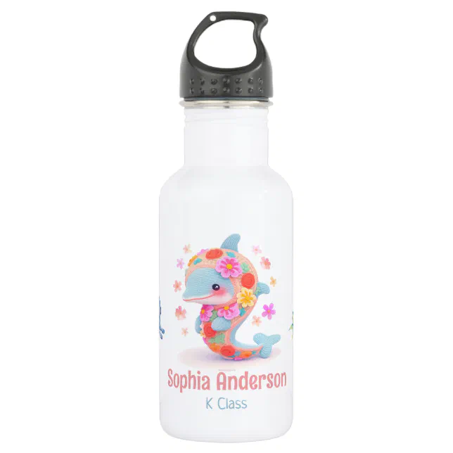 Floral Whale Sea Theme Back To School Name Stainless Steel Water Bottle