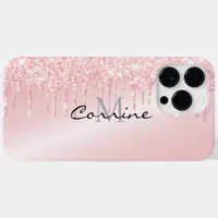 Monogram Metallic Blush Pink Dripping Glitter Case-Mate iPhone 14 Pro Max Case