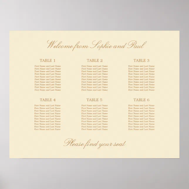 Cream Beige 6 Table Wedding Seating Chart Poster