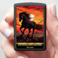 Black horse gallops at fiery sunset zippo lighter