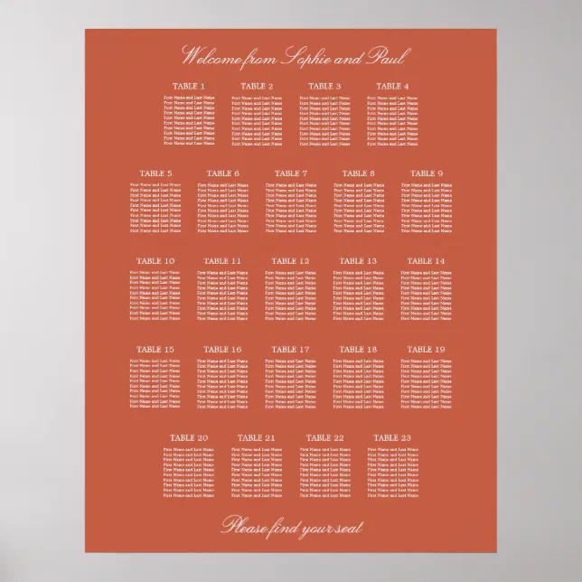 Terracotta 23 Table Wedding Seating Chart Poster