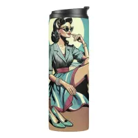 1950's Retro Woman Sitting on the Beach Thermal Tumbler