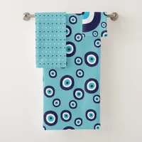 Modern Evil Eye Navy Blue Aqua Circles Pattern Bath Towel Set