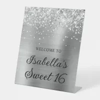 Sparkly Glittery Silver Foil Sweet 16 Welcome Pedestal Sign