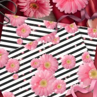 Pink Gerbera Flowers On Black And White Stripes Tissue Paper