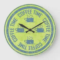 Coffee Time Blue on Green Large Clock