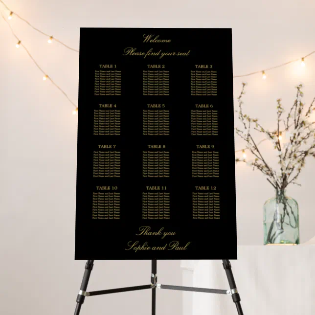 Black Golden Beige 12 Table Seating Chart Foam Board