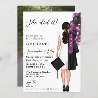 Purple Minimalist Photo She Did It Graduation Invitation