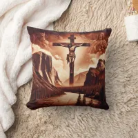 Crucifixion of Jesus Amidst Majestic Mountains Throw Pillow