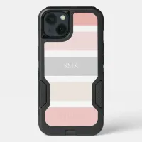 Modern Chic Pink Gray and Cream Stripes Monogram iPhone 13 Case