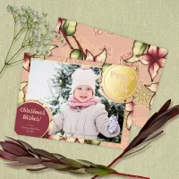 Peace & Joy, Pink, Burgundy, Gold Poinsettia Photo Foil Holiday Card