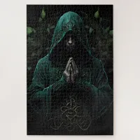 Mystical Hooded Figure in Green Praying Jigsaw Puzzle